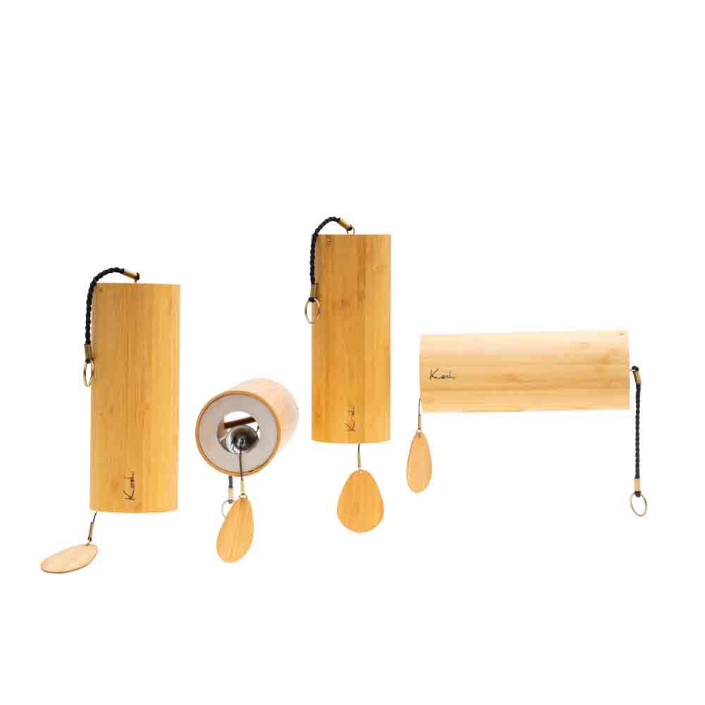 Koshi bamboo wind chimes shown from various angles: standing, lying down, and with a view of the sound plate