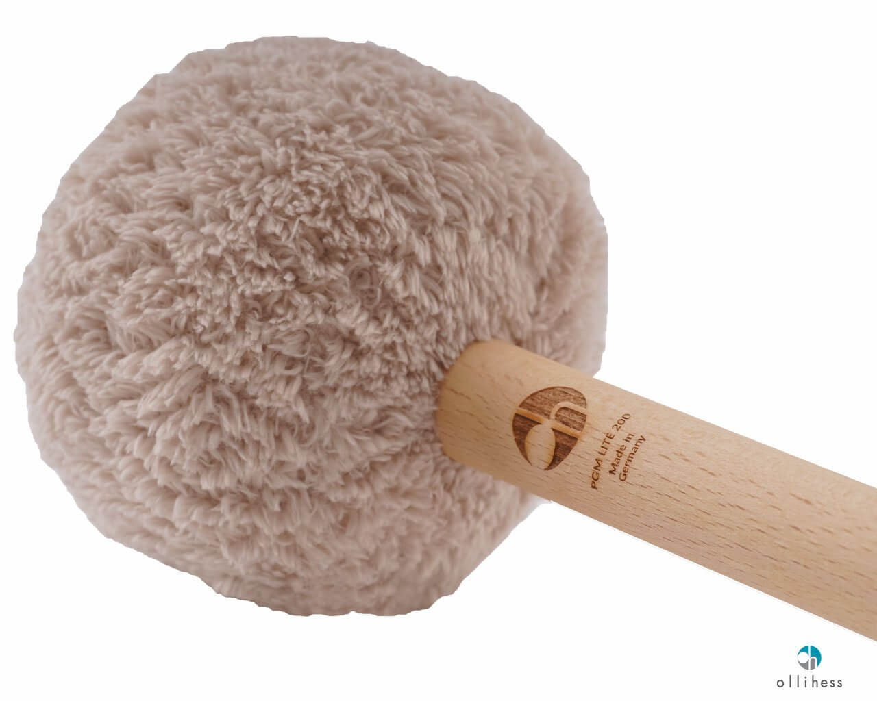 Profi Gong Mallet lite 200, weicher beiger Plüschkopf in Nahaufnahme mit gebrandetem Holzgriff