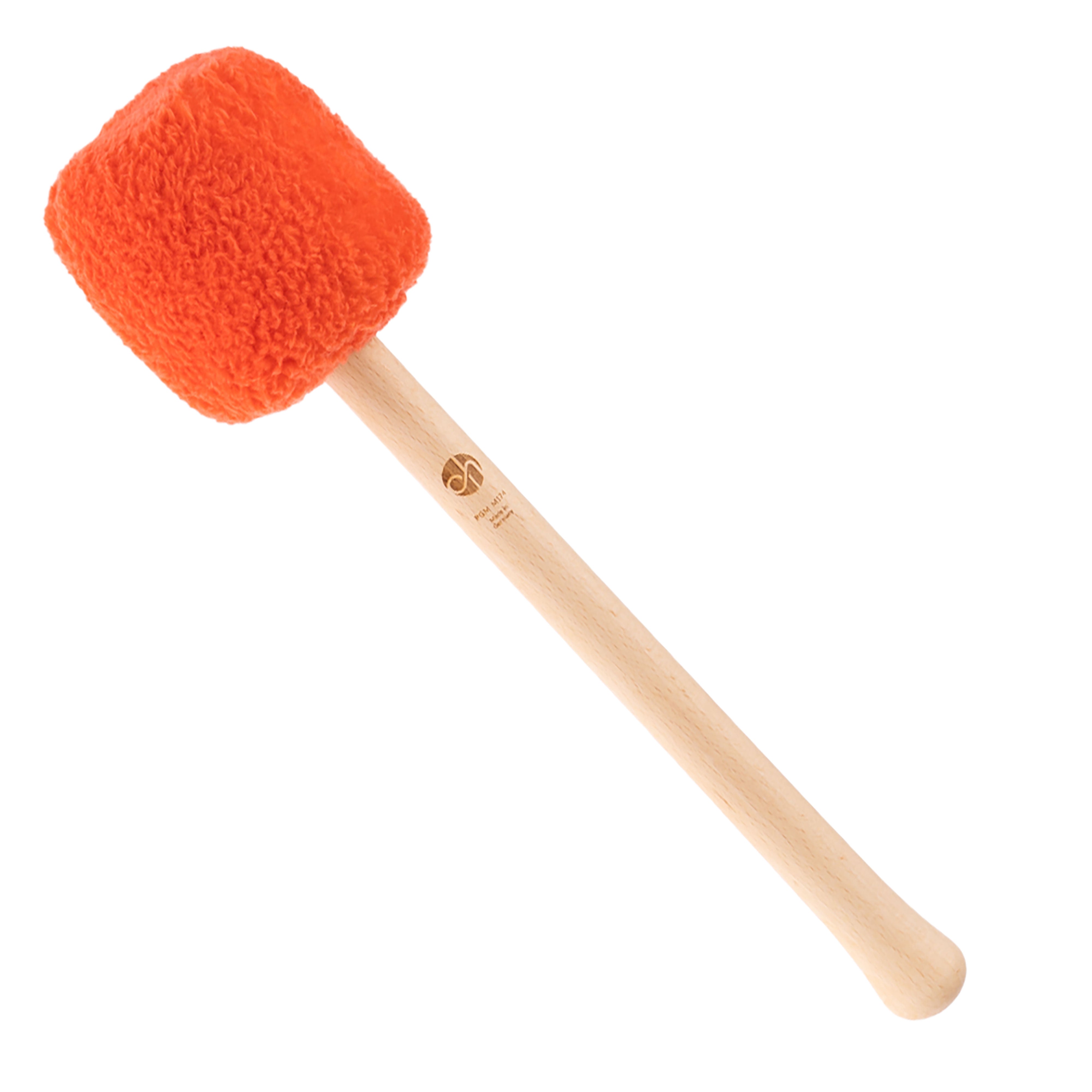 Profi Gong Mallet M174 in Orange mit leuchtend orangefarbenem Flauschkopf und hellem Buchenholzgriff