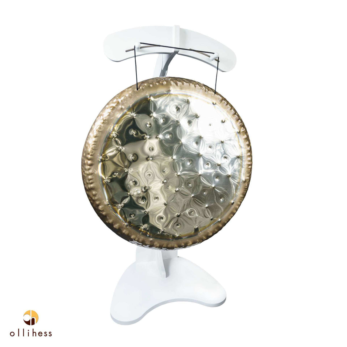 ollihess Gong Sadja, 36 inches, with a hammered, shiny silver finish on a white gong stand