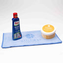 Pflege- und Reinigungsset mit Metallpolitur, Putzstein und blauem ollihess Mikrofasertuch